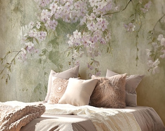 Cherry Blossom Wallpaper Mural, Sage Green Floral Wallpaper, Pink Flower Wall Mural, Peel and Stick Wallpaper for Bedroom