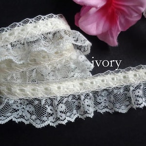 Soft Ruffled Lace with Ribbon, 1+1/2-inch-wide ivory color price per yard