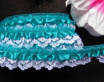 Ruffled lace with satin ribbon 3/4 inch wide green/white color price per yard