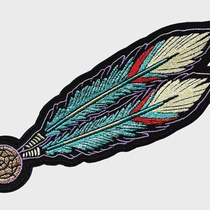 Feather-Shaped Embroidered Patch | Iron-On 6+1/2 x 2+1/4-inch blue/red/gold