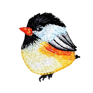 May include: Embroidered patch of a small, yellow, orange, and blue bird with a black head and a red beak.