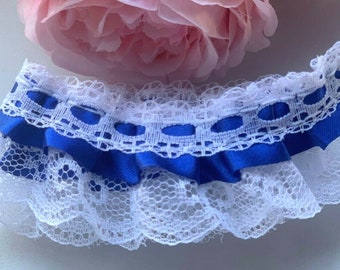 1 1/2 inch wide pink/royal blue  ruffled lace price per yard
