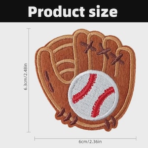 May include: An embroidered patch featuring a brown baseball glove holding a white baseball with red stitching. The patch measures 2.48 inches in height and 2.36 inches in width as indicated by the measurement lines and text in the image.