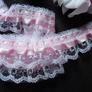 1 1/2 or 2 inch wide pink/white ruffled lace price per yard