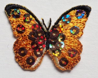 iron on applique-BUTTERFLY 1 1/2 x 1 1/8 inch  brown/sequined