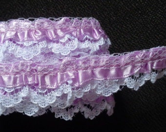 Ruffled lace with satin ribbon 3/4 inch wide white/lavender color price per yard