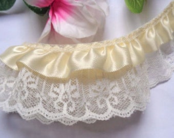 Ruffled lace with ribbon 2 inch wide ivory color price per yard