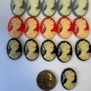 Vintage Cameos| 25x18 MM| Oval| Flat Back| Coral| Black| Dusty Blue| 12 pcs per Order/