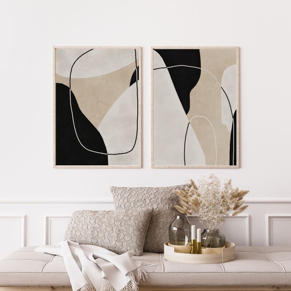 Modern Abstract Art Set of 2 | Neutral Abstract Art | Gallery Wall Art | Printable Art | Download Print | Tan and Black | Minimal Prints