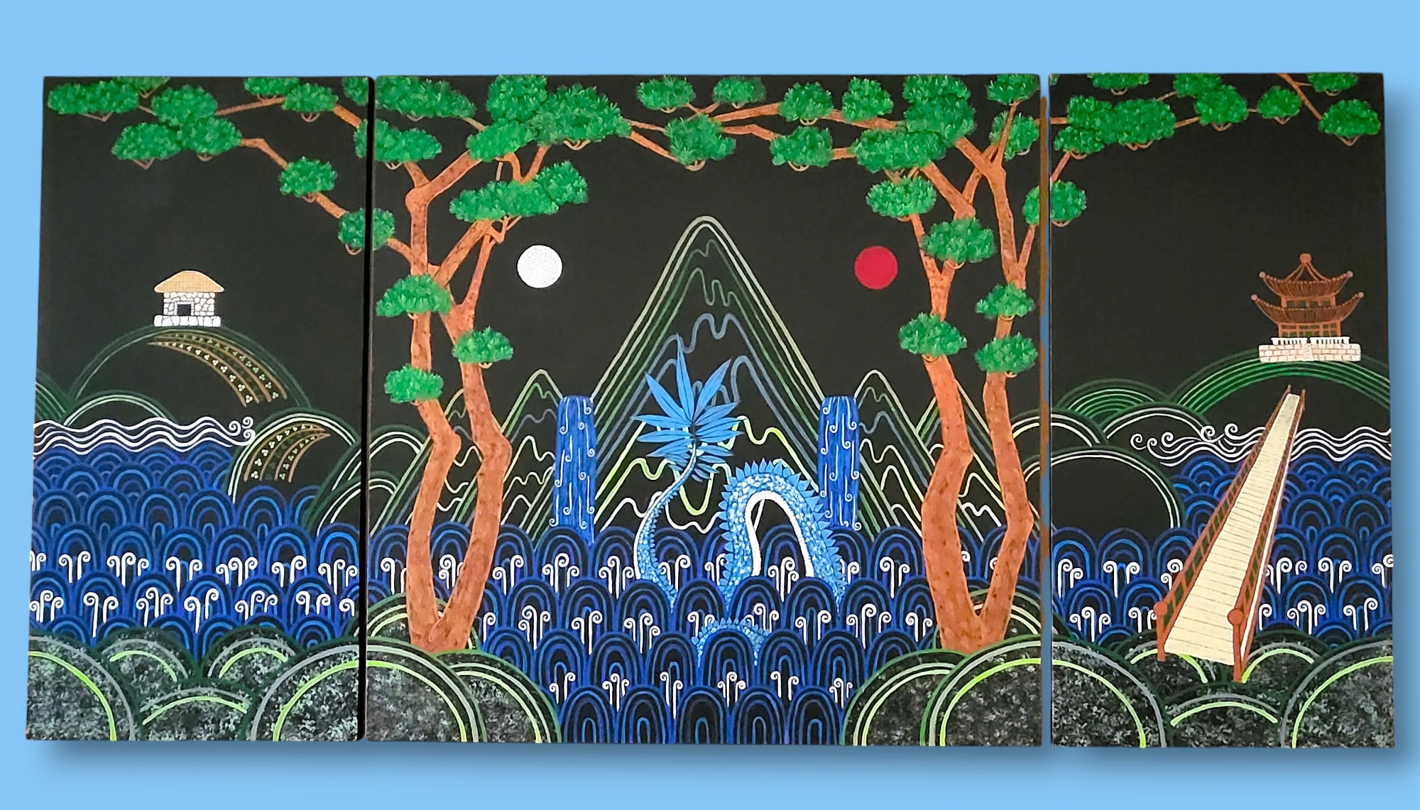 Handpainted Large 3 Piece Korean Minhwa Folk Art Panel Set