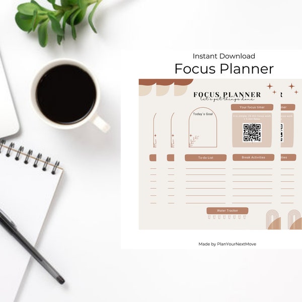 Focus Planner / With Pomodoro Success to your Success / Effektiv Arbeiten mit Pomodoro Technik / To-Do List / A1 /  Bohemia Brown