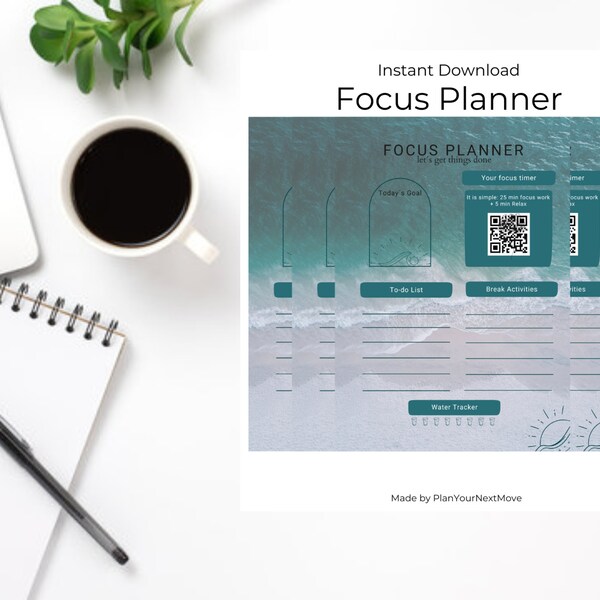 Focus Planner / With Pomodoro Success to your Success / Effektiv Arbeiten mit Pomodoro Technik / To-Do List / A1 /  Ocean