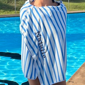 Embroidered Striped Beach Towel, Customized Blue and White Towel, Party Favor Towel