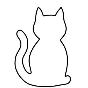 Puede incluir: Ilustración en blanco y negro de un gato sentado, visto desde atrás. El gato tiene una cola curvada y orejas puntiagudas. Este diseño minimalista es adecuado para proyectos de manualidades o diseño.