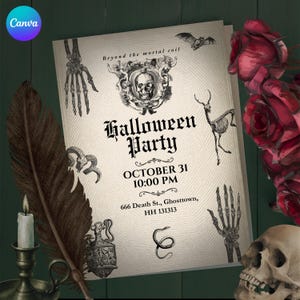 May include: A Halloween party invitation card featuring a skull, skeleton hands, a bat, and a snake. The text reads: Beyond the mortal coil, Halloween Party, October 31, 10:00 PM, 666 Death St., Ghosttown, HH 131313. Accented by a feather quill and roses.