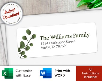 Christmas Return Address Labels 2 5/8 x 1". Customize w Excel / Word. Instant Download