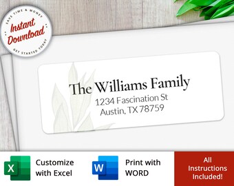 Christmas Return Address Labels  2 5/8" x 1". Customize w Excel / Word. Instant Download