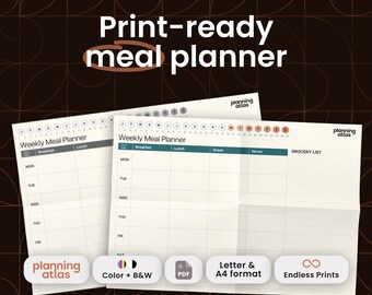 Afdrukbare wekelijkse maaltijdplanner, ongedateerd, horizontaal, menulijst, boodschappenlijst, kleur, zwart-wit, A4, brief, koelkast, maaltijdplan