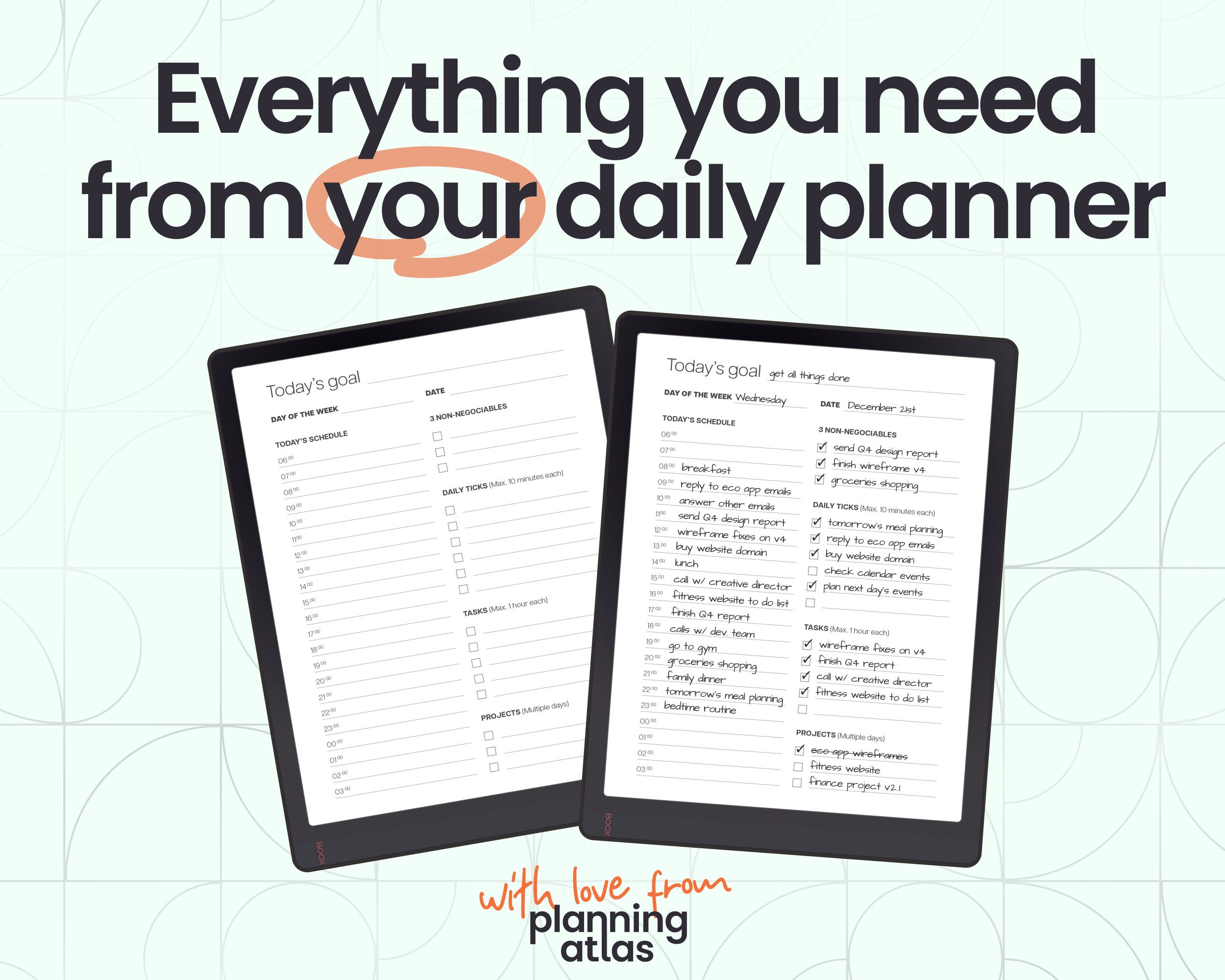 Onyx Boox Daily Productivity Journal, Undated, Vertical Layout, Hourly