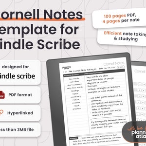 Bloc-notes Kindle Scribe Cornell, format PDF, lien hypertexte, main gauche et main droite