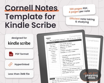 Kindle Scribe Cornell Notes Notebook, PDF Format, Hyperlinked, left hand and right hand