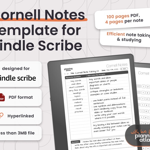 Kindle Scribe Cornell Notes Notebook, PDF Format, Hyperlinked, left hand and right hand