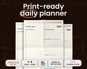 Printable Daily Productivity Planner, undated, vertical, black and white, color, hourly/half-hourly