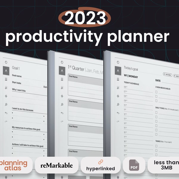 reMarkable 2 Productivity Planner, 2023 Edition, vertical, hyperlinked, hourly/half-hourly
