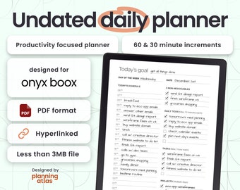 Onyx Boox Daily Productivity Journal, Undated, vertical layout, hourly/half-hourly