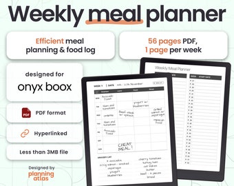 Onyx Boox Weekly Meal Planner, undated, hyperlinked, vertical & horizontal, grocery list, food log