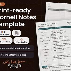 Peut inclure: Un modèle de notes de Cornell imprimable en couleur ou en noir et blanc, avec un titre, une date, des mots-clés, des questions, des notes principales et une section de résumé. Le modèle est conçu pour une prise de notes et une étude efficaces. Il comprend des conseils pour prendre des notes efficaces, tels que l'utilisation de puces, d'abréviations et l'écriture avec vos propres mots.