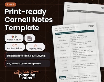 Printable Cornell Notes | A4, A5 & Letter Format | Black and White, and Color