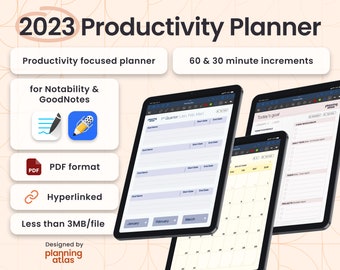 Goodnotes 2023 Productivity Planner, vertical, hyperlinked, hourly/half-hourly