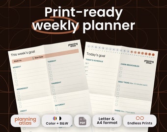 Printable Weekly Productivity Planner, undated, vertical, hourly/half-hourly, color, black and white, A4, Letter