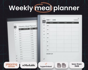 reMarkable 2 Weekly Meal Planner, undated, hyperlinked, vertical & horizontal, grocery list, food log