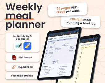iPad Goodnotes/Notability Weekly Meal Planner, undated, hyperlinked, vertical & horizontal, grocery list, food log