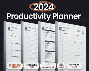 reMarkable 2 Productivity Planner, 2024 Edition, vertical, hyperlinked, hourly/half-hourly