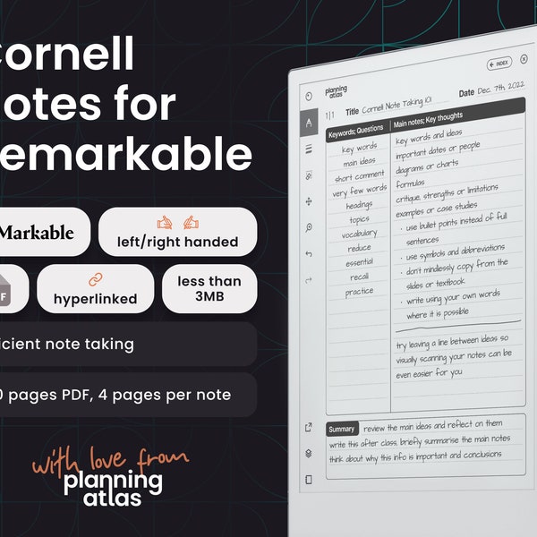 reMarkable Cornell Notes Notebook, PDF Format, Hyperlinked, left hand and right hand