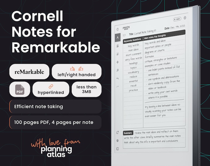 Remarkable Cornell Notes Notebook, PDF Format, Hyperlinked, Left Hand ...