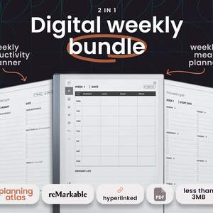 reMarkable2 Weekly Productivity Planner Bundle, Weekly Planner, Meal Planner, PDF, PNG, hyperlinked, hourly/half-hourly, undated