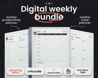 reMarkable 2 Weekly Planner Bundle, Hyperlinked Productivity & Meal Planner (PDF)
