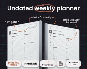 reMarkable 2 Weekly Productivity Planner, undated, vertical, hyperlinked, hourly/half-hourly