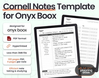 Onyx Boox Cornell Notes Notebook, PDF Format, Hyperlinked, left hand and right hand