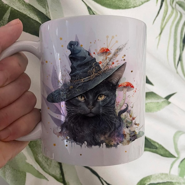 Enchanting Black Cat Mug with Mushroom Magic - Black Inside Mug -cat lover gift - celestial gift