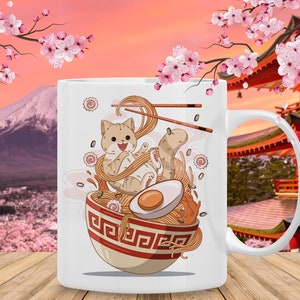 Neko Ramen Mug, Japanese Cat Kawaii Anime Cup, Japan Noodles Mugs, Asian Cuisine Food Cups, Korean Noodle Manga Gift
