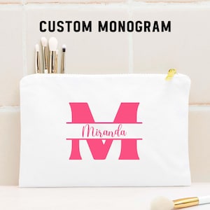 Borsa cosmetica monogramma personalizzata, astuccio per il trucco personalizzato, borsa da viaggio per articoli da toeletta, regalo per damigelle d'onore, grazioso organizer per accessori, borsa in cotone