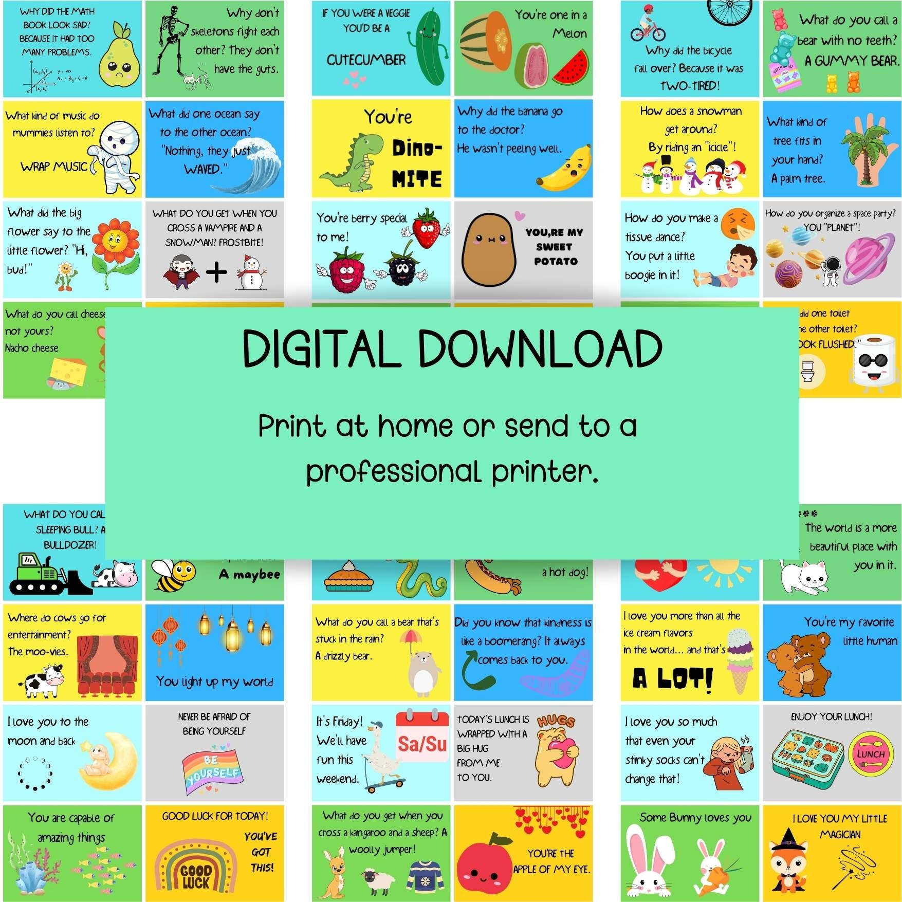 Lunch Box Notes Printable, Kids Lunchbox Jokes, Lunchbox Cards, Funny ...