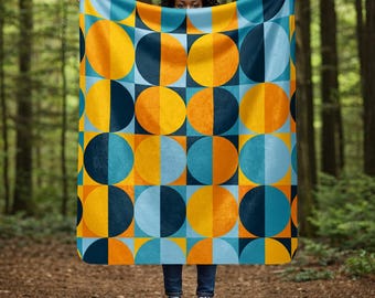 Moderne Sherpa Fleece-Decke, MCM Geometrischer Wurf, Orange Blau Gelb Tagesdecke, Wohnkultur Artikel ästhetisch