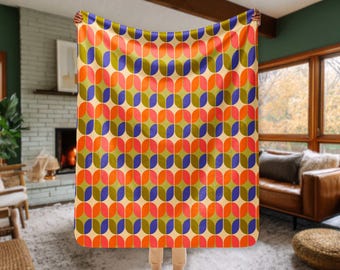 Mid Century Modern Decke, MCM Sherpa Fleece Überwurf, Geometrischer Retro Druck, Blau Orange Olivgrün Wohndekor