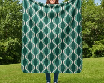 Mid Century Modern Decke, MCM Sherpa Fleece Überwurf, Retro geometrischer Druck, grüne Wohnkultur